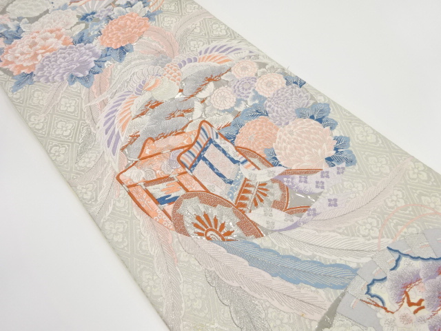 アンティーク　九百錦プラチナ箔　鳳凰に御所車・草花模様織り出し袋帯（材料）